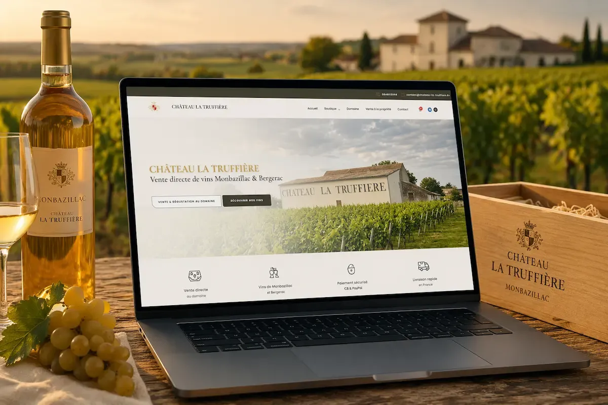 Ordinateur présentant le site e-commerce du Château La Truffière dans un environnement viticole